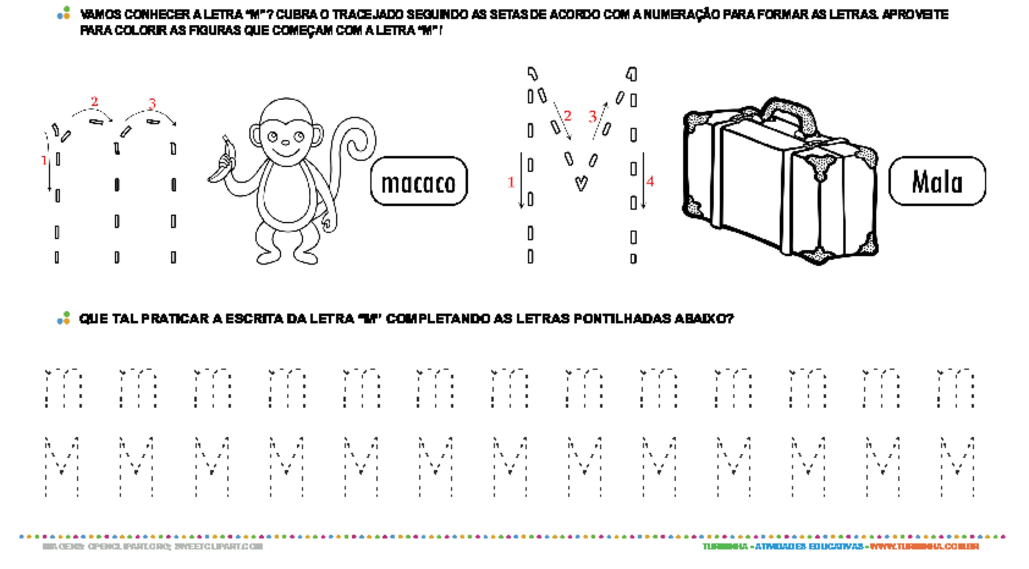 Letra M de forma maiúscula e minúscula - atividade educativa para Pré-Escola (4 e 5 anos)