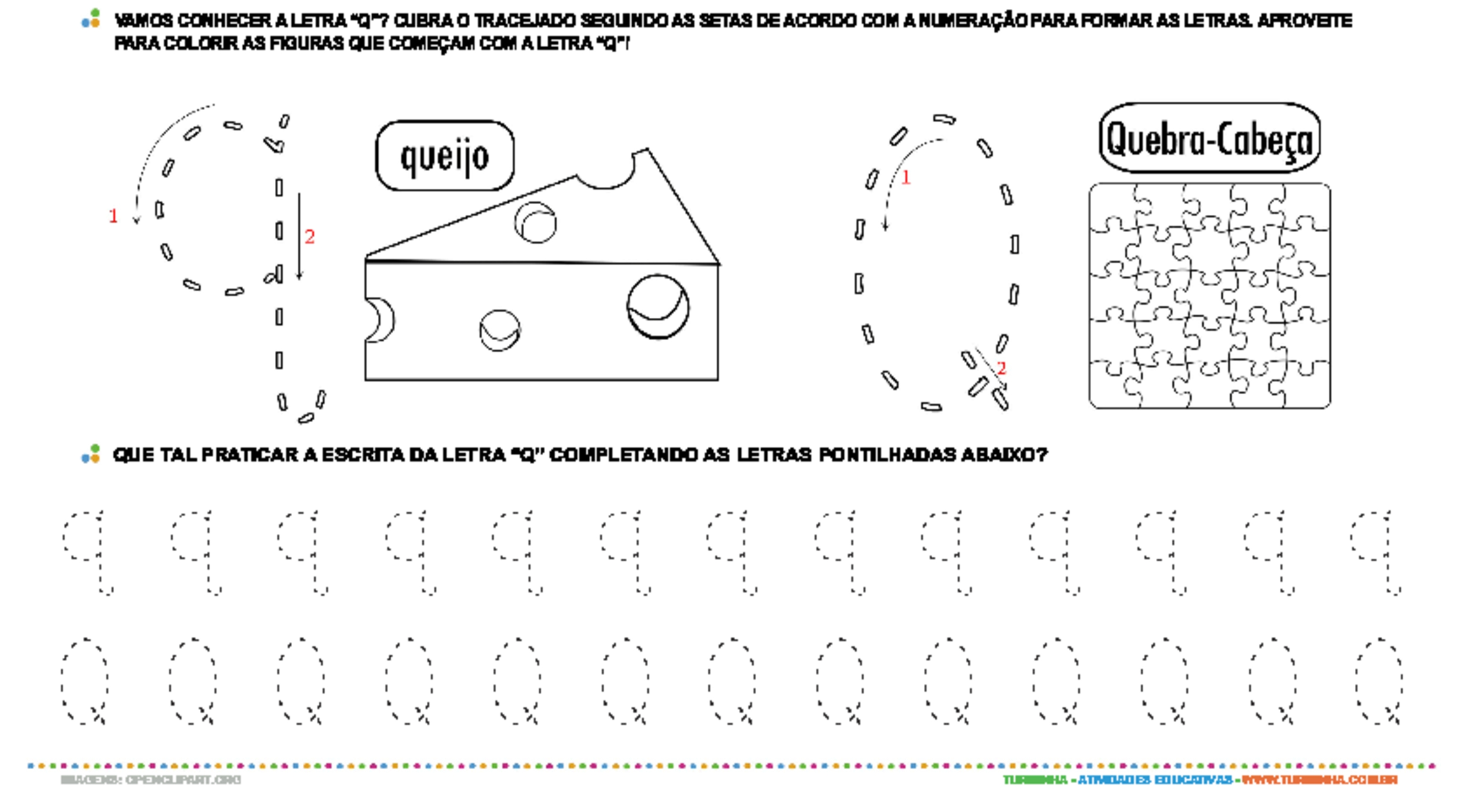 Letra Q de forma maiúscula e minúscula - atividade educativa para Pré-Escola (4 e 5 anos)