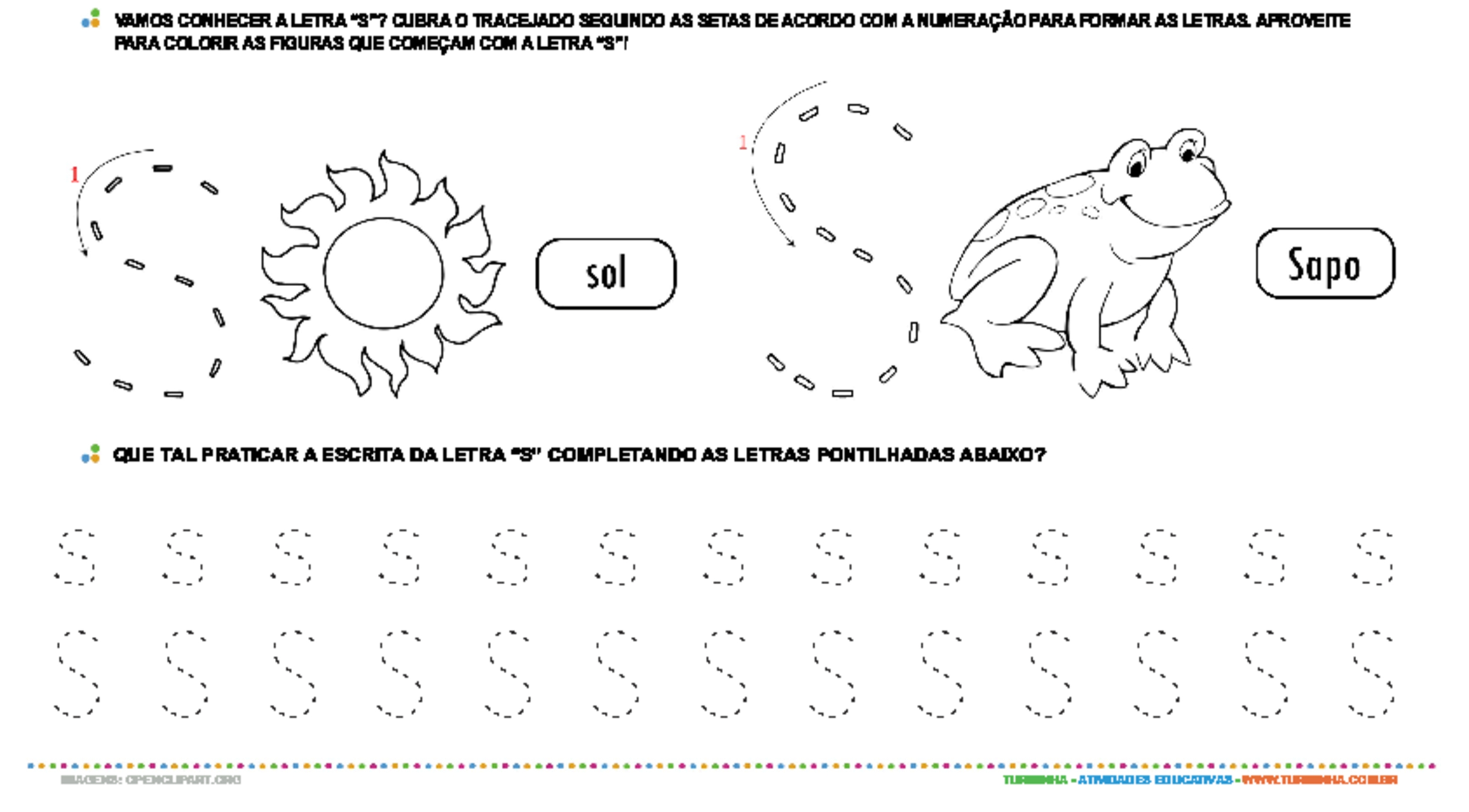 Letra S de forma maiúscula e minúscula - atividade educativa para Pré-Escola (4 e 5 anos)