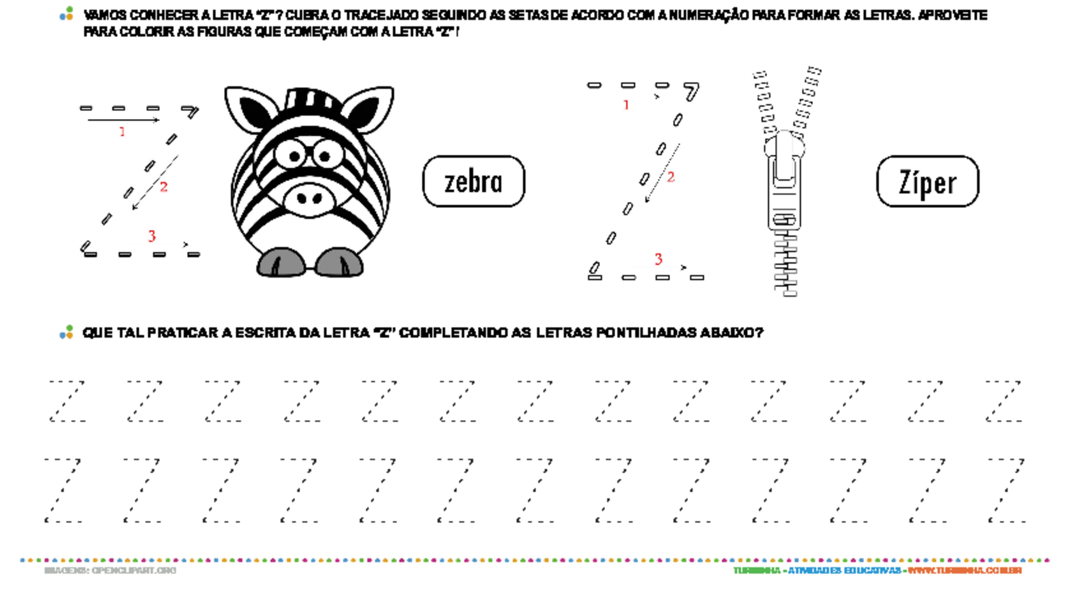 Letra Z de forma maiúscula e minúscula - atividade educativa para Pré-Escola (4 e 5 anos)