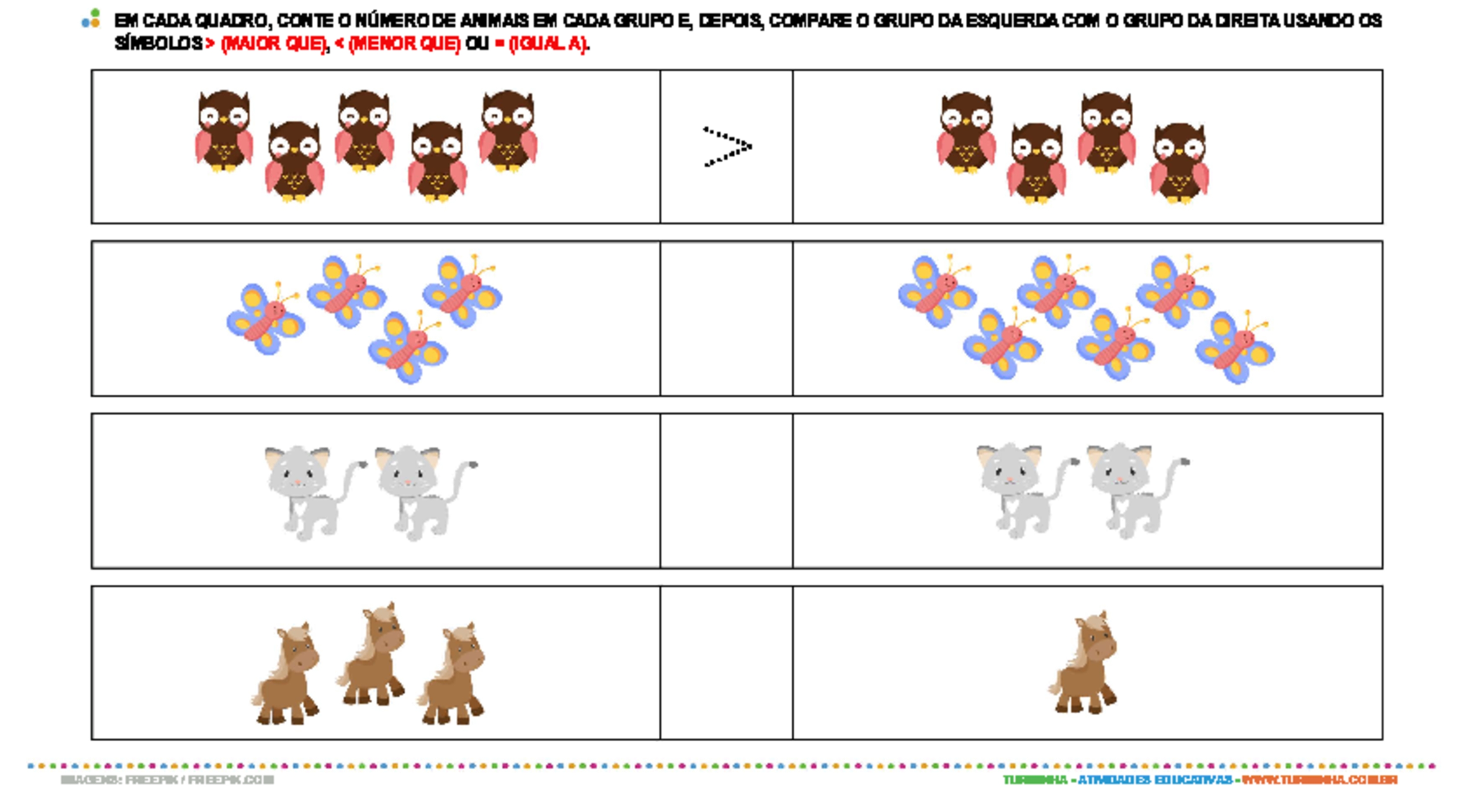 Comparação - Maior, Menor ou Igual - atividade educativa para Pré-Escola (4 e 5 anos)