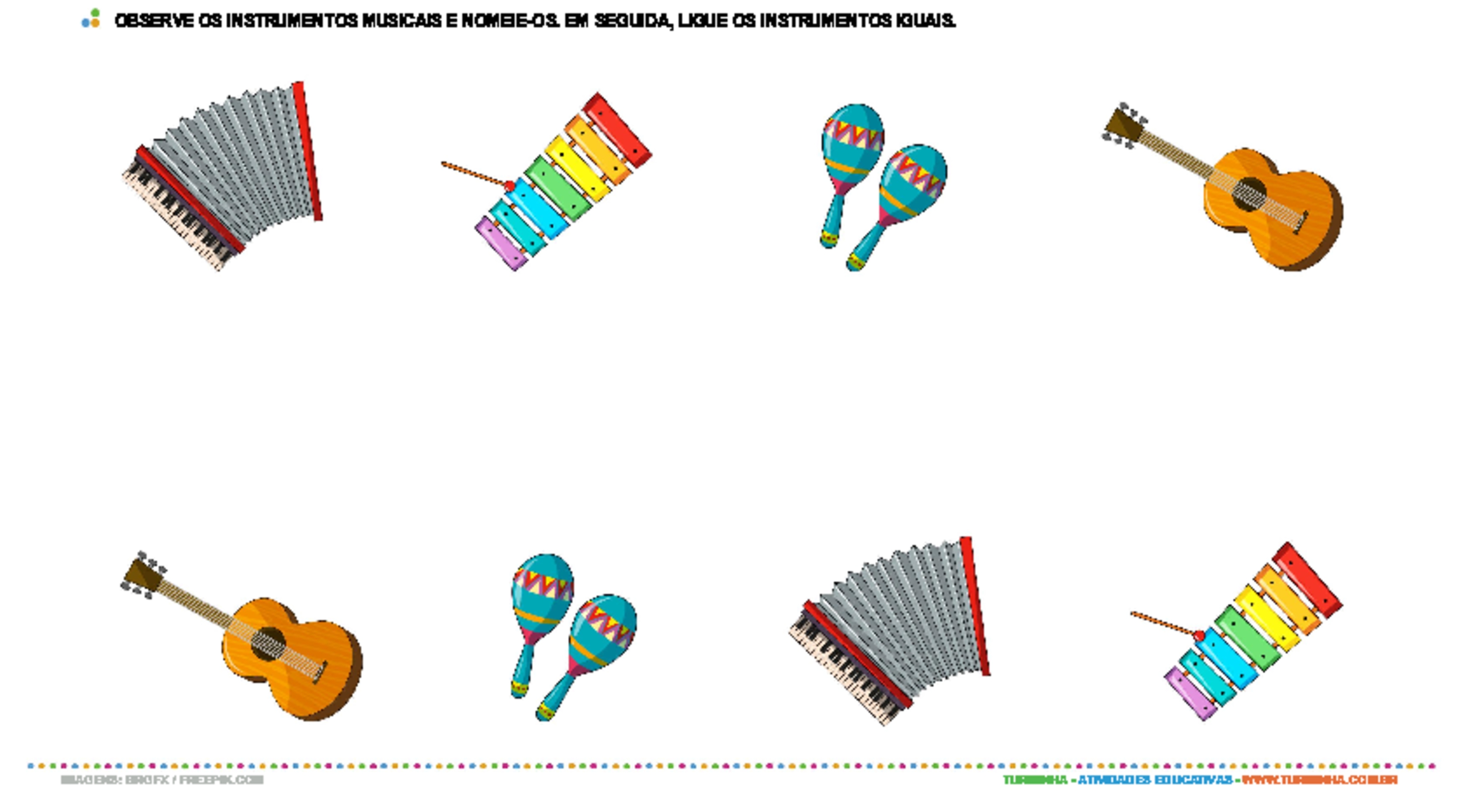 Ligando os instrumentos musicais iguais - atividade educativa para Pré-Escola (4 e 5 anos)