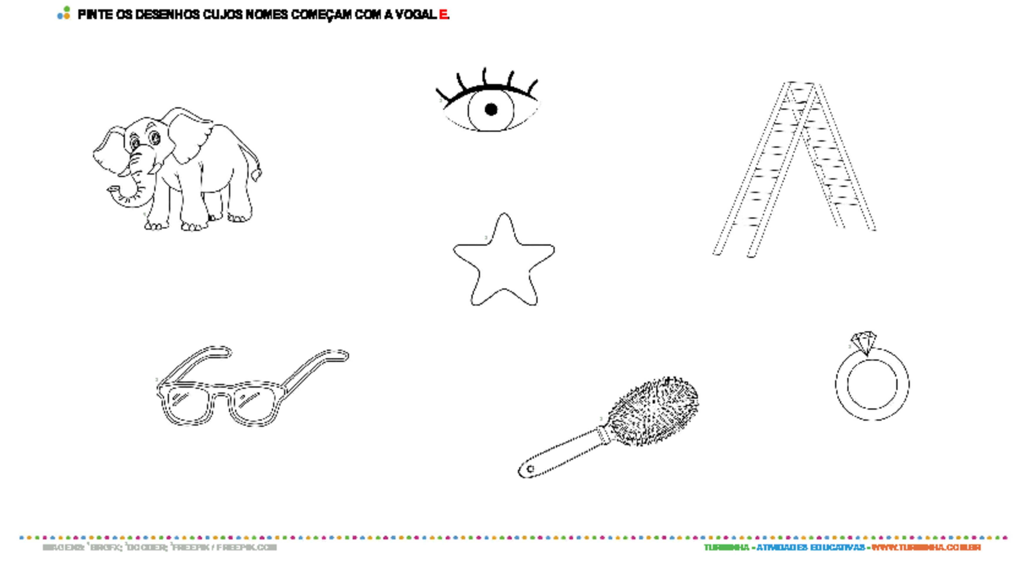 Colorindo desenhos com a vogal E - atividade educativa para Pré-Escola (4 e 5 anos)