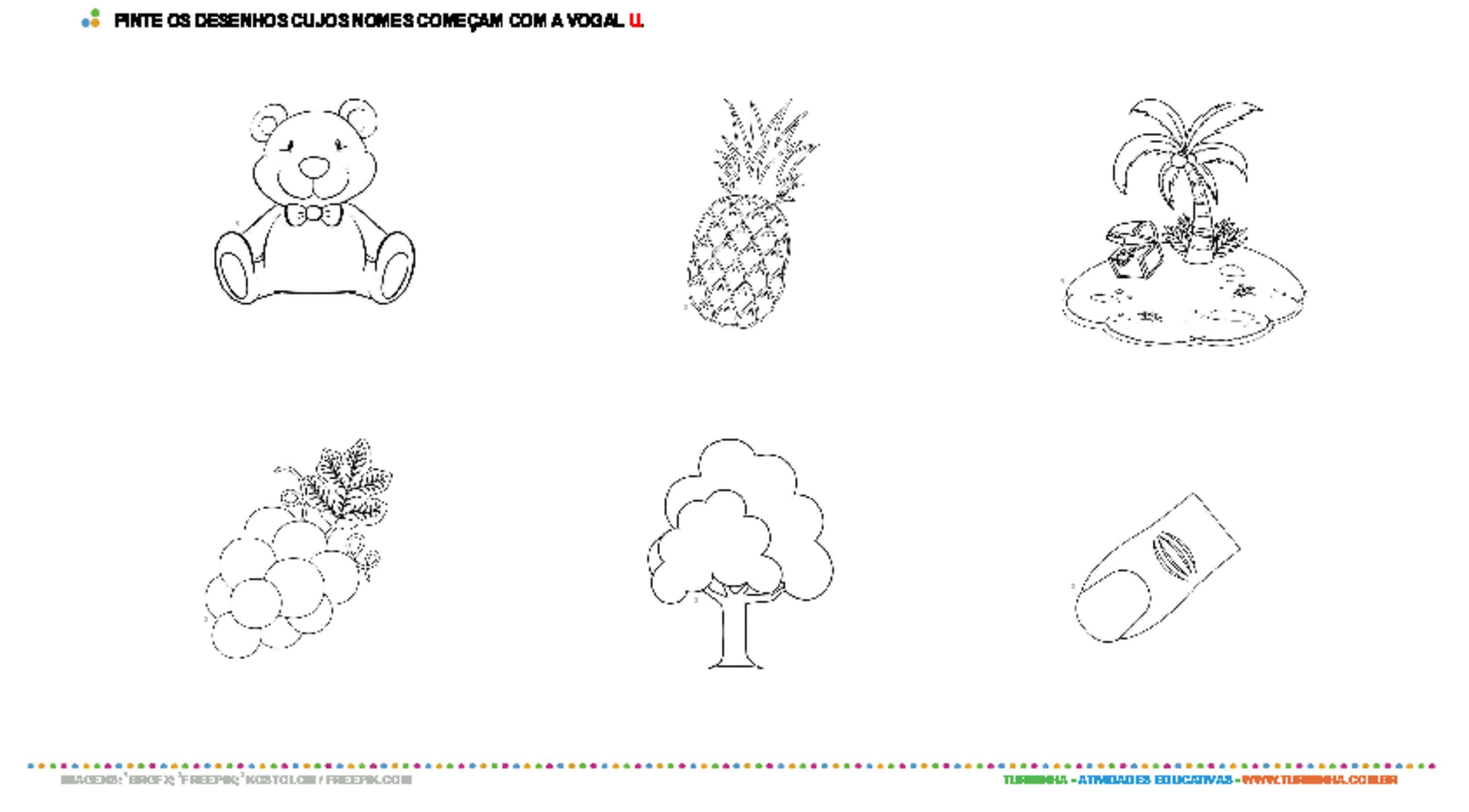 Colorindo desenhos com a vogal U - atividade educativa para Pré-Escola (4 e 5 anos)