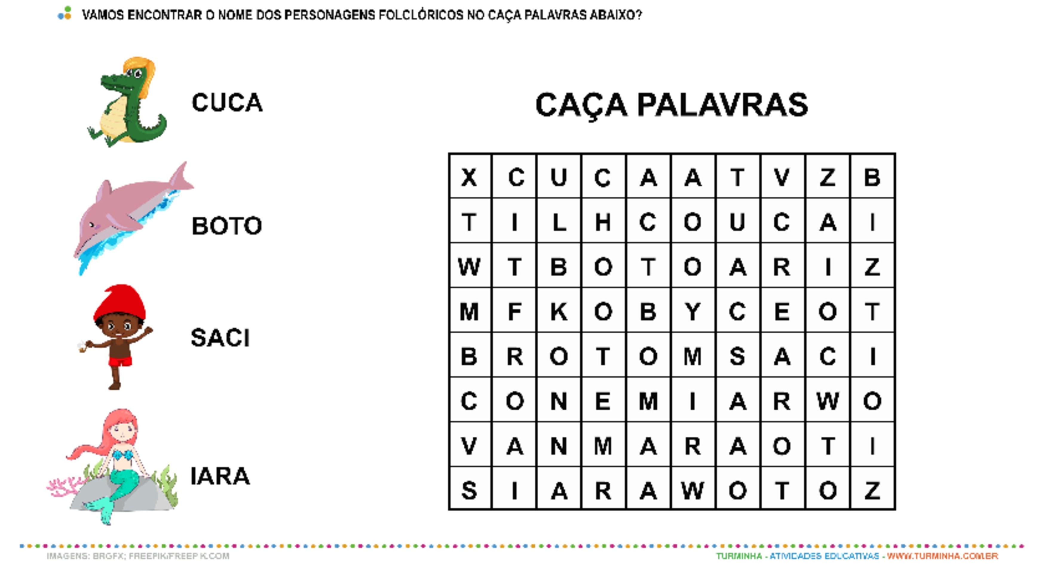 Personagens do Folclore Brasileiro - Caça Palavras - atividade educativa para Pré-Escola (4 e 5 anos)
