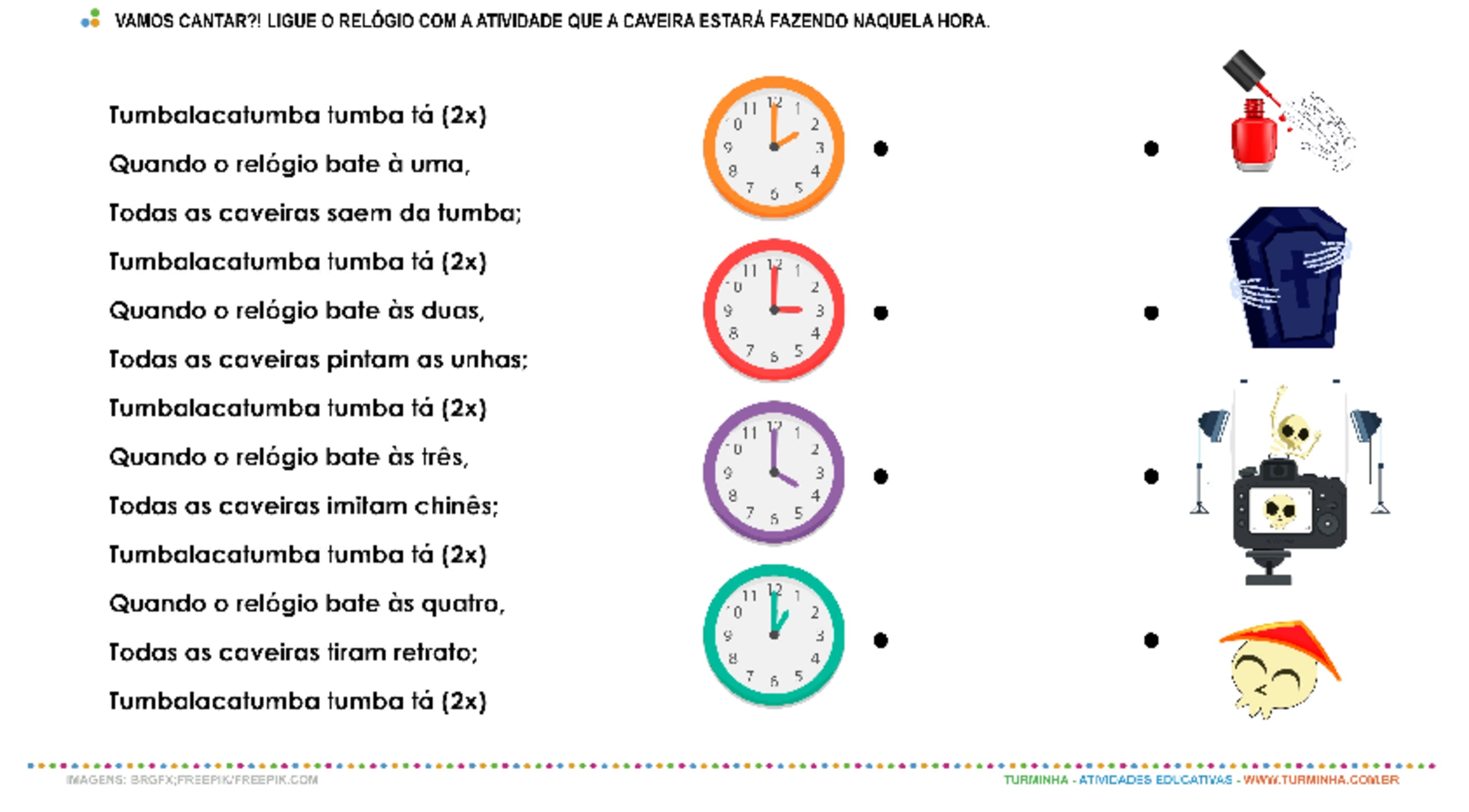 Tumbalacatumba – Trabalhando as horas - atividade educativa para Pré-Escola (4 e 5 anos)