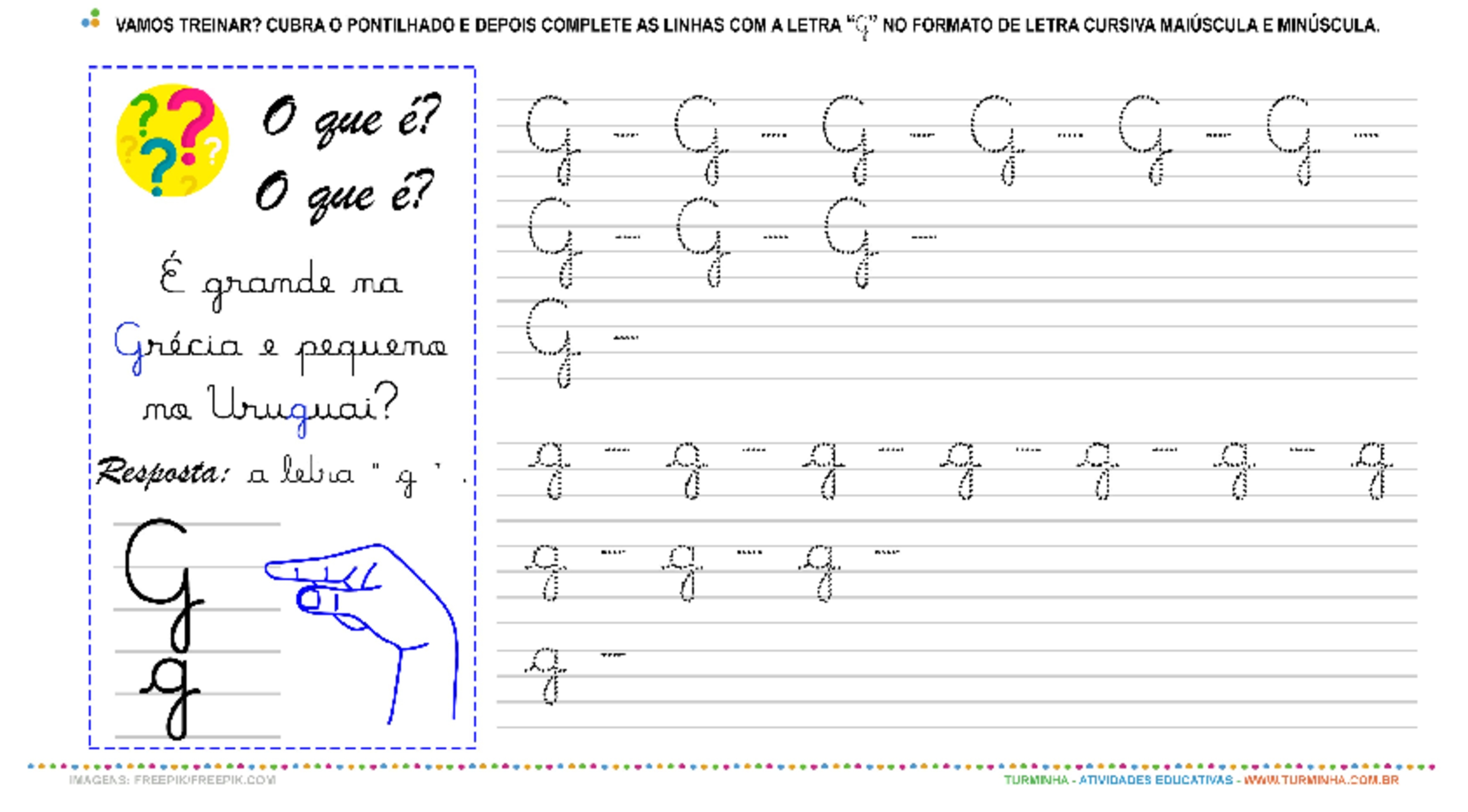 A Letra “G” Cursiva - Caligrafia - atividade educativa para Pré-Escola (4 e 5 anos)