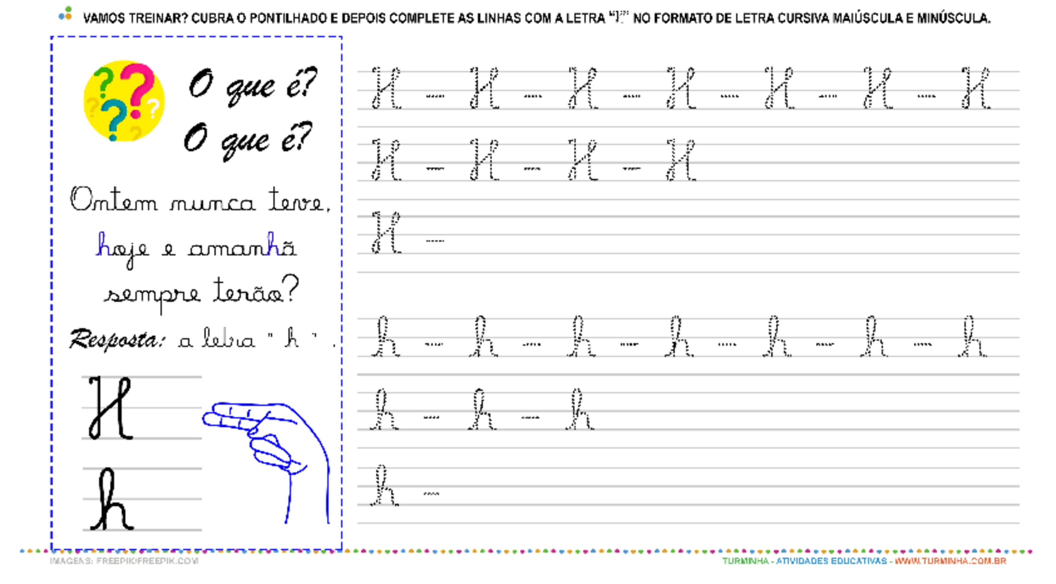 A Letra “H” Cursiva - Caligrafia - atividade educativa para Pré-Escola (4 e 5 anos)