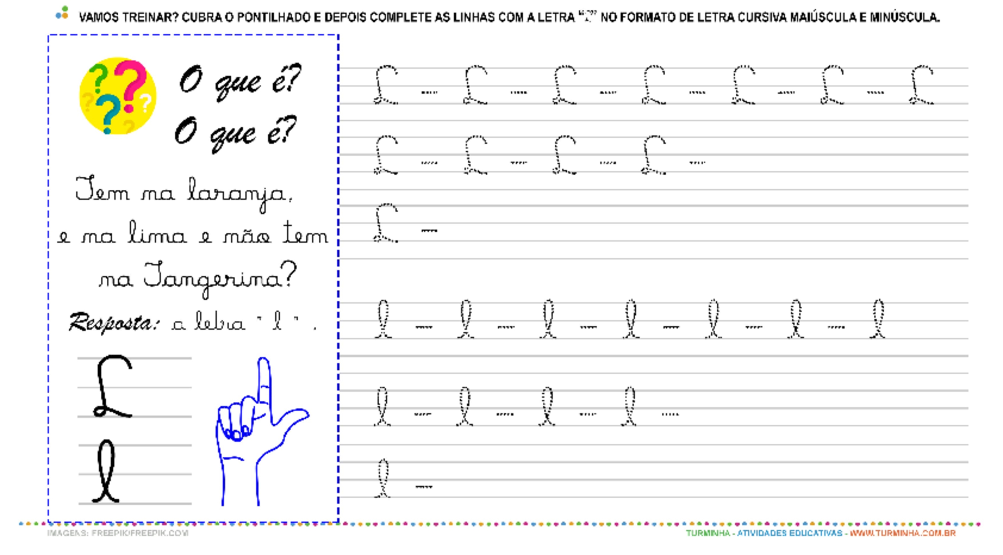 A Letra “L” Cursiva - Caligrafia - atividade educativa para Pré-Escola (4 e 5 anos)