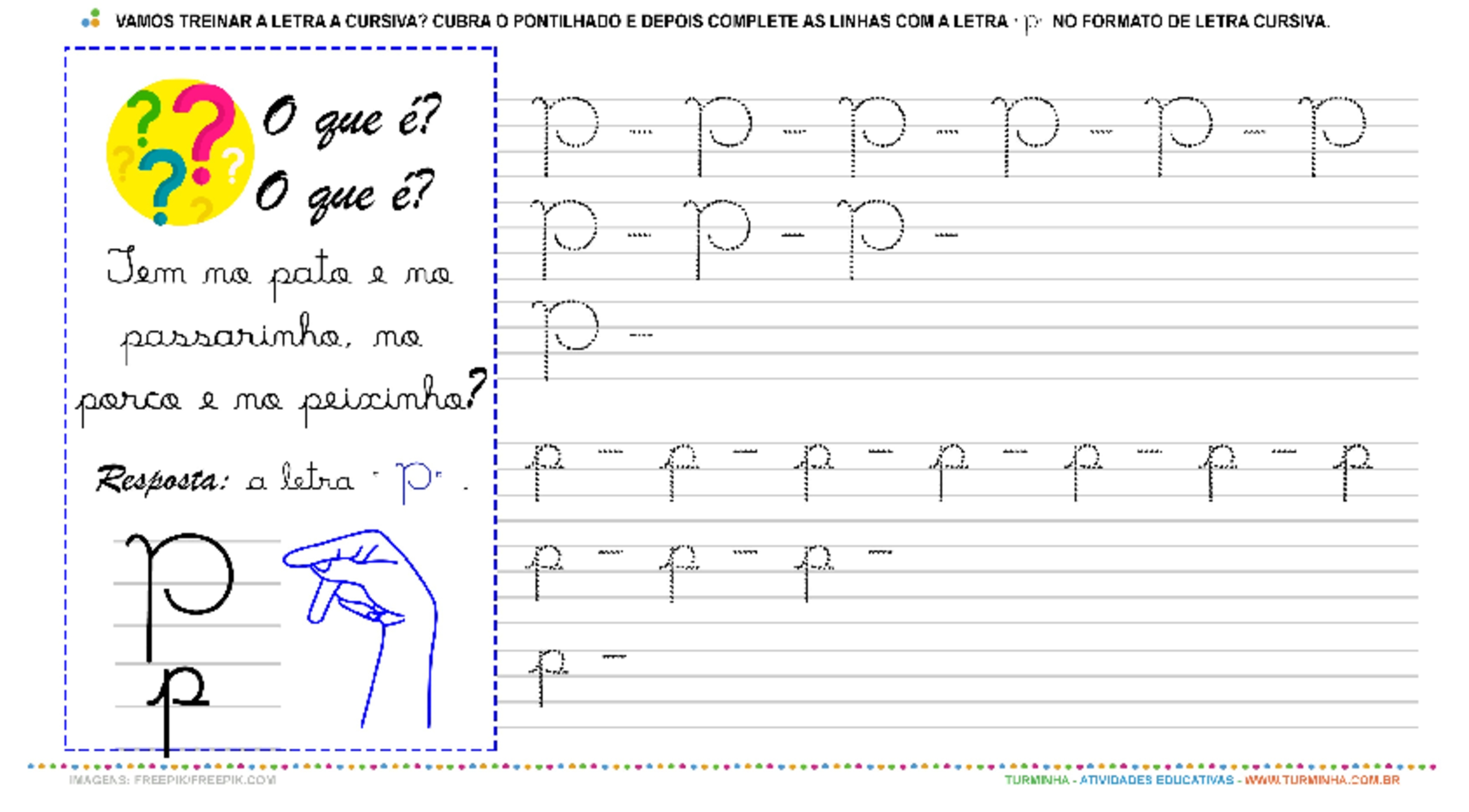 A Letra “P” Cursiva - Caligrafia - atividade educativa para Pré-Escola (4 e 5 anos)