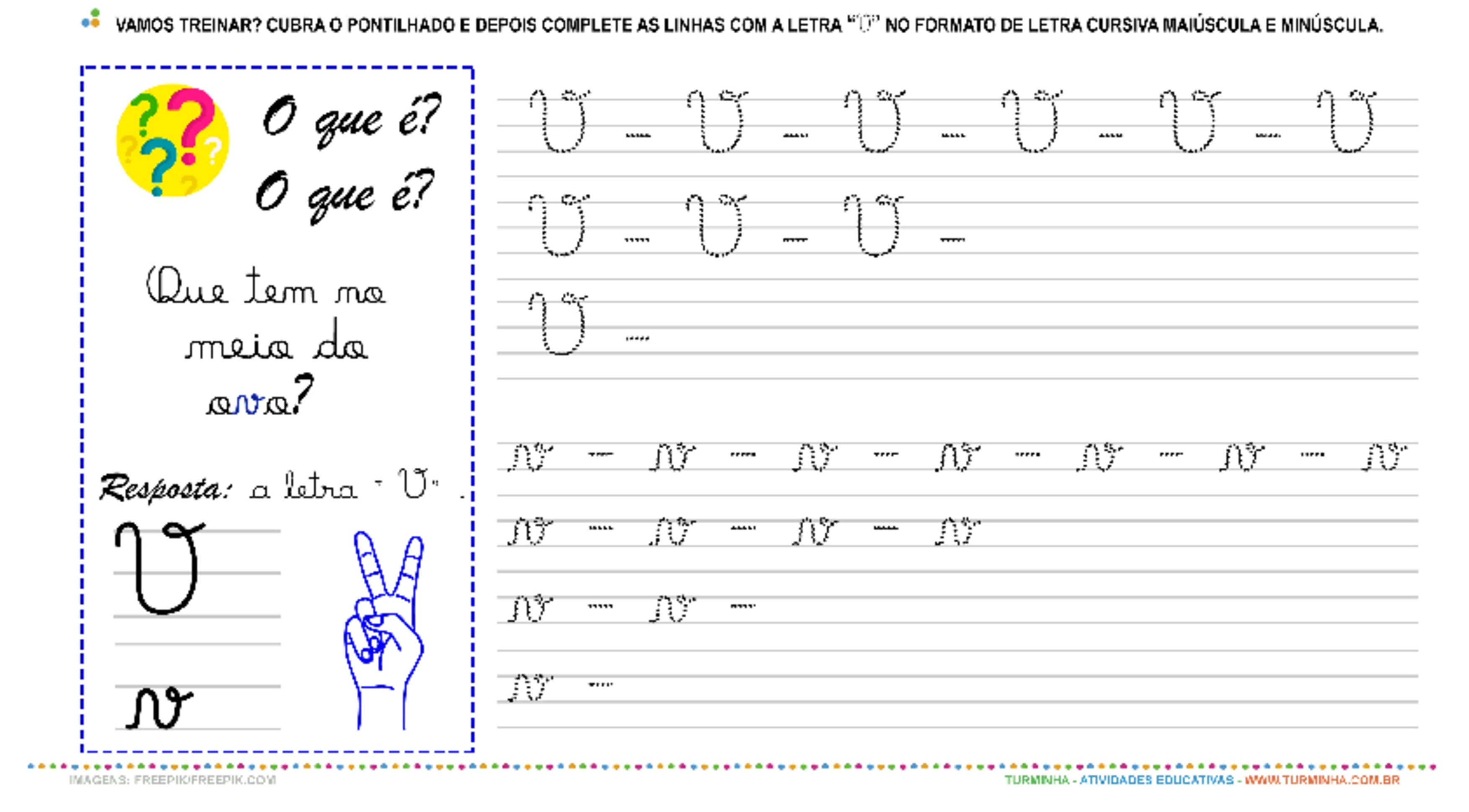 A Letra “V” Cursiva - Caligrafia - atividade educativa para Pré-Escola (4 e 5 anos)