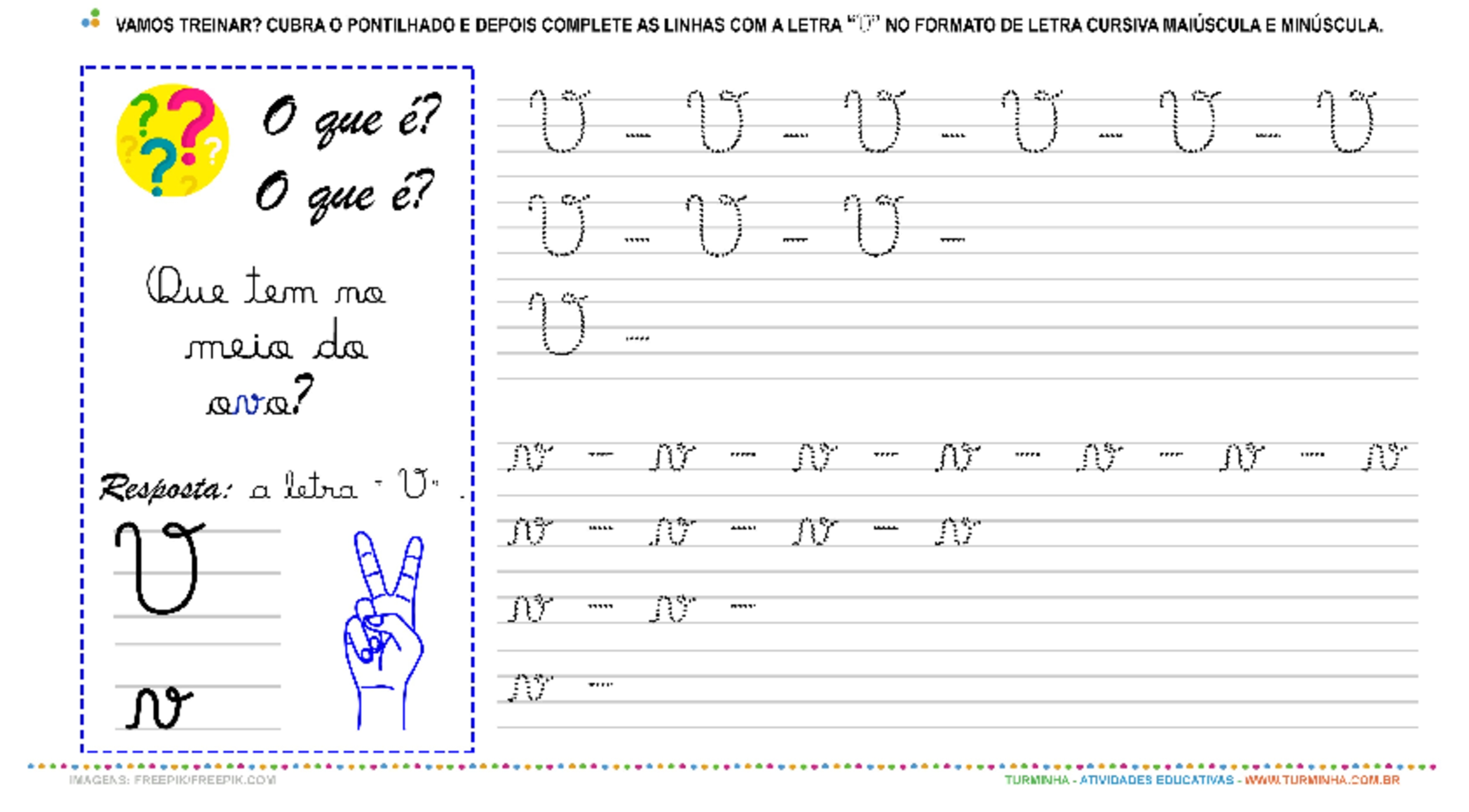 A Letra “V” Cursiva - Caligrafia - atividade educativa para Pré-Escola (4 e 5 anos)