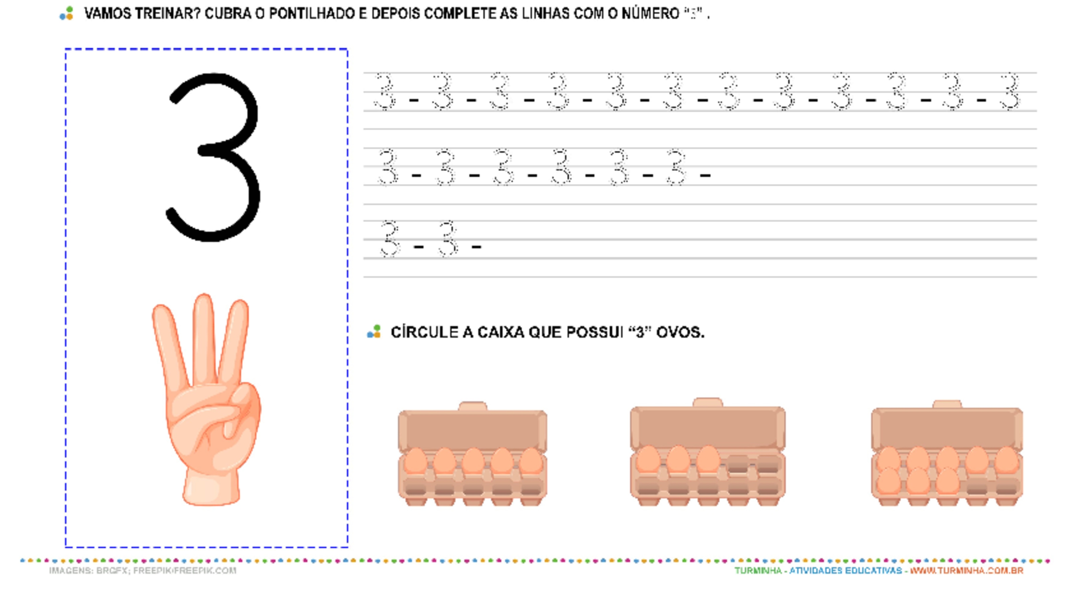 O Número “3” – Caligrafia - atividade educativa para Pré-Escola (4 e 5 anos)