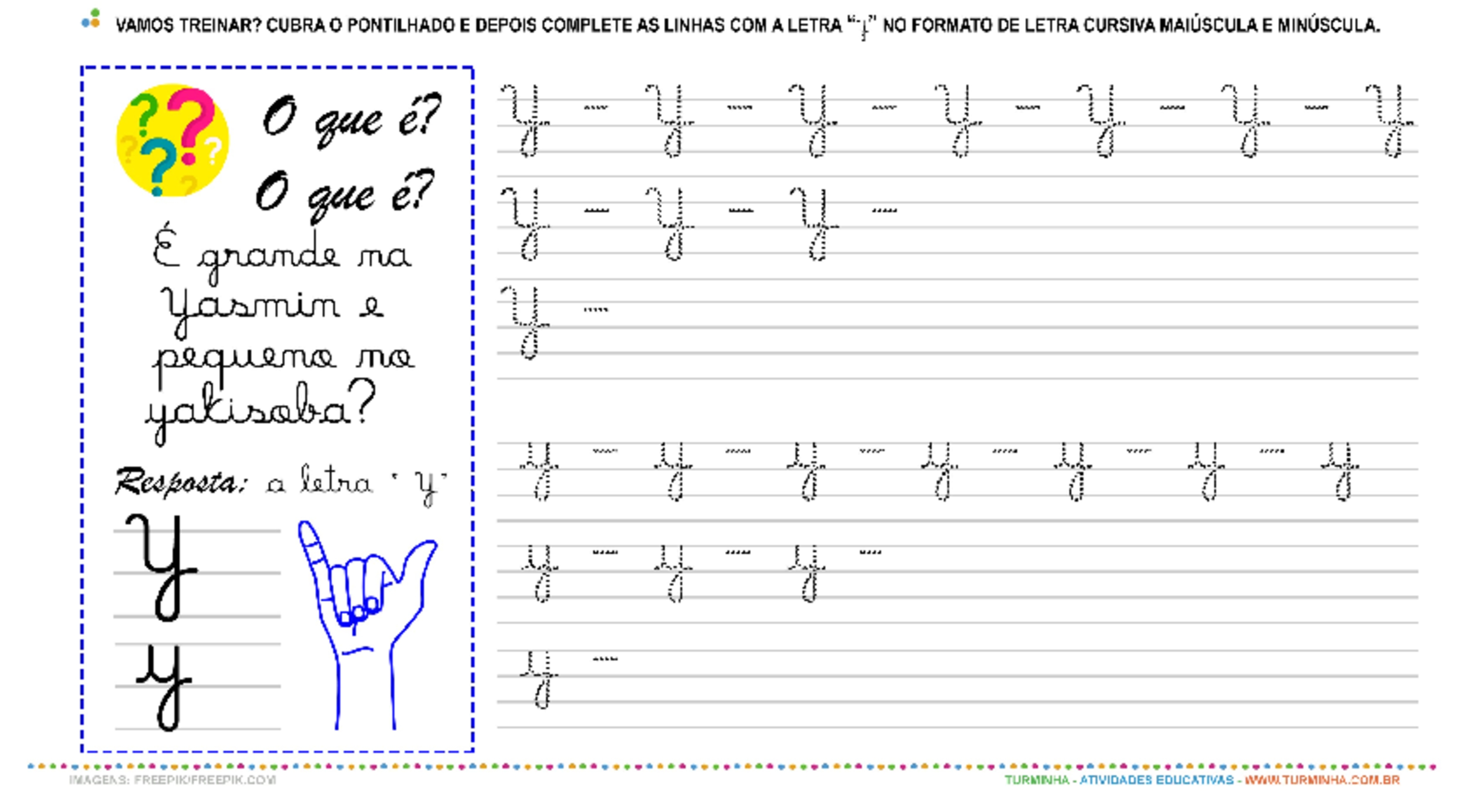 A Letra “Y” Cursiva – Caligrafia - atividade educativa para Pré-Escola (4 e 5 anos)