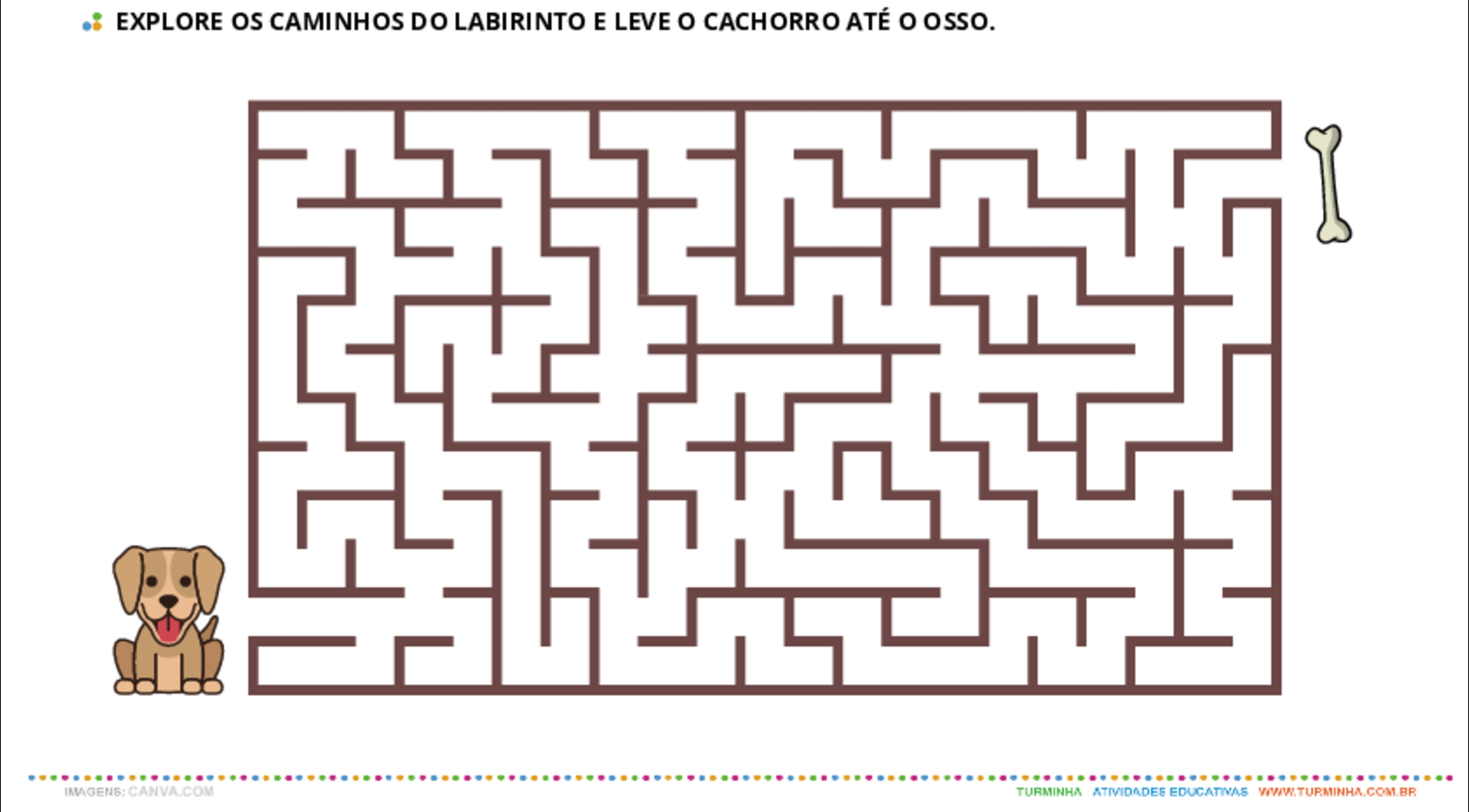 Explore os caminhos do labirinto e leve o cachorro até o osso- atividade educativa para Pré-Escola (4 e 5 anos) Explore os caminhos do labirinto e leve o cachorro até o osso - atividade educativa para Pré-Escola (4 e 5 anos)